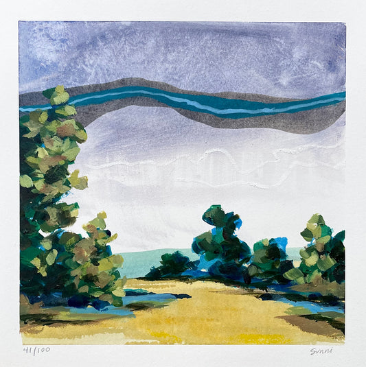 Sunni Mockingbird Original Art Landscape Painting Acrylic on Paper Harpeth River