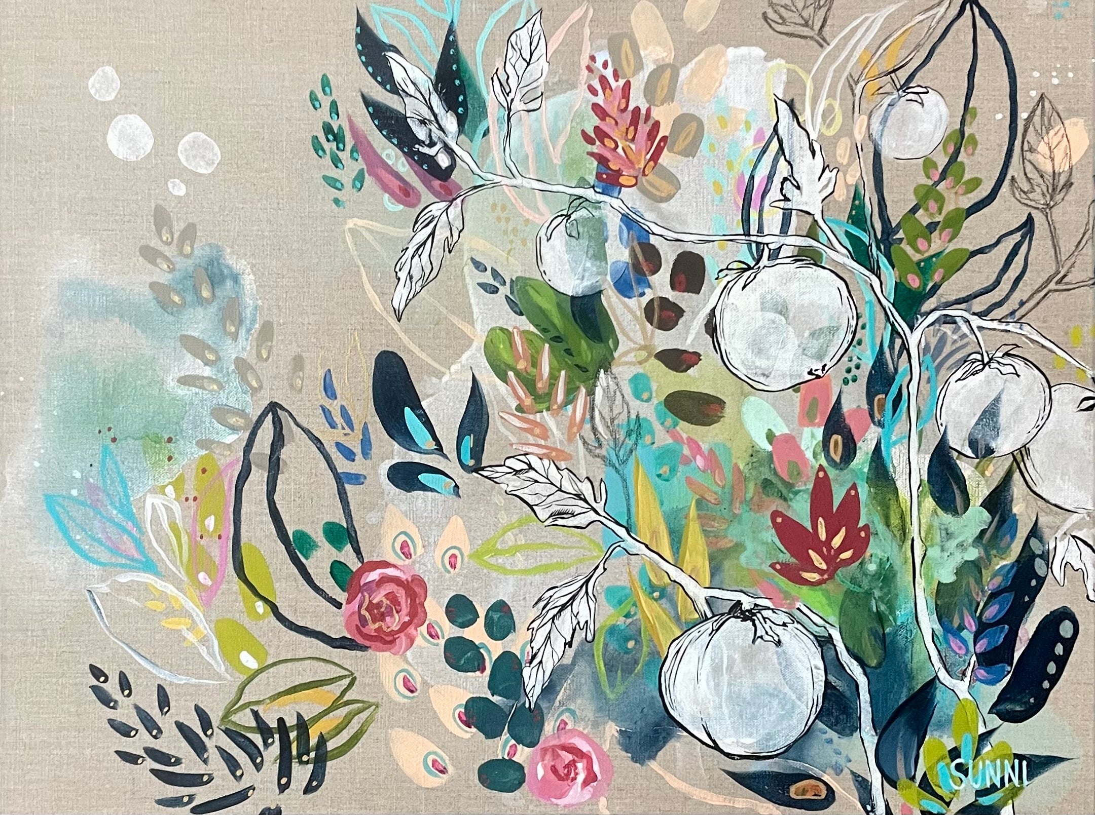 Painting of flowers, leaves and tomatoes in bright colors on linen canvas