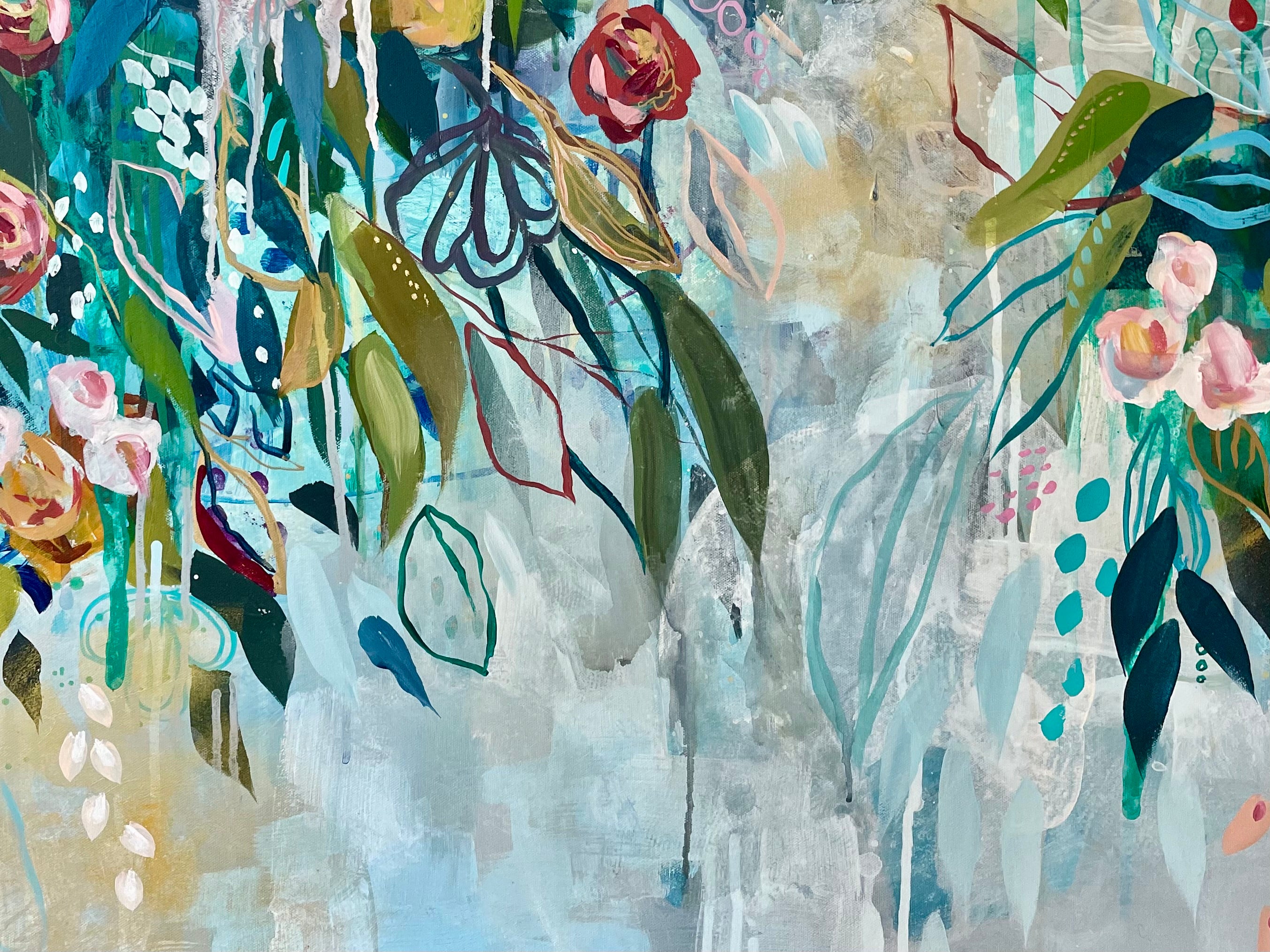 Floral painting by Sunni Mockingbird with teal pinks with green leaves and delicate flowers