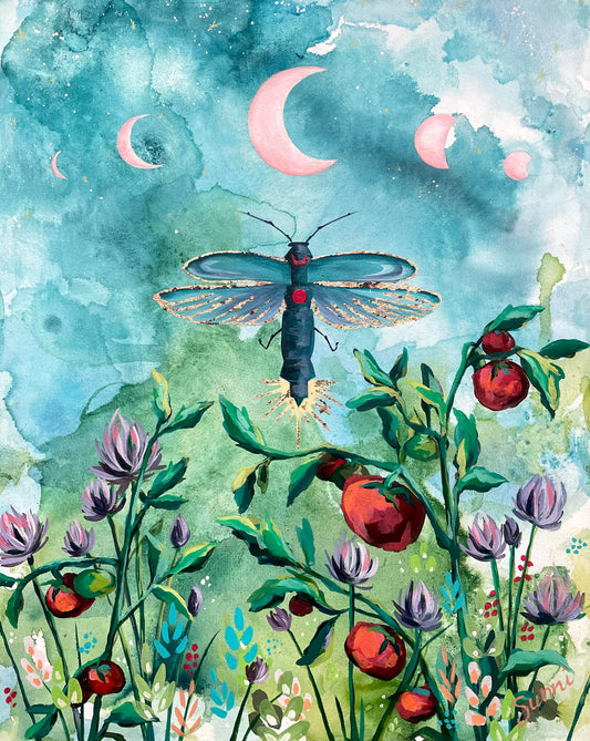 Firefly- Watercolor acrylic painting original art piece with blue, green background with tomato, chive, and other flowers under lunar moon phases