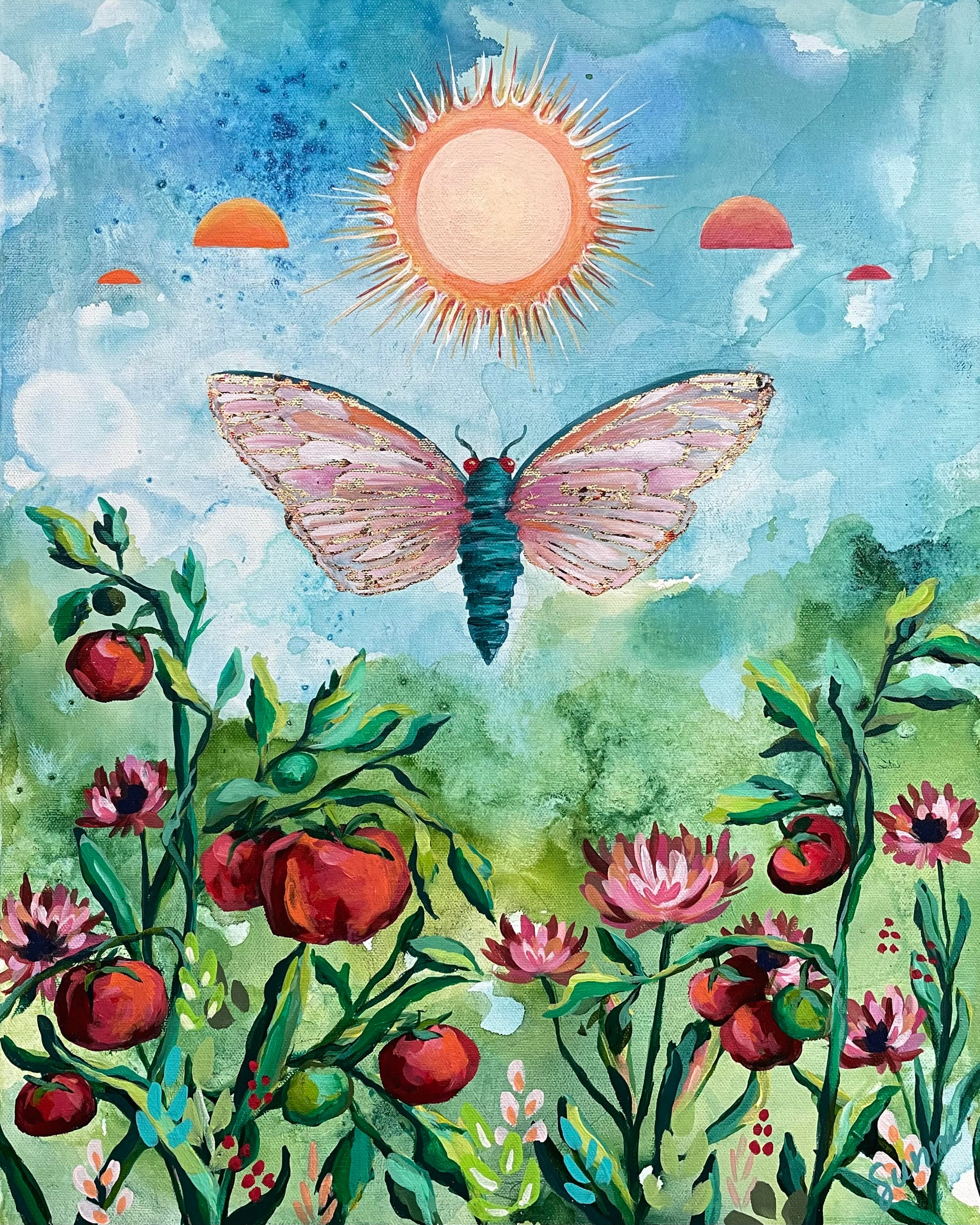 Cicada- Watercolor acrylic painting original art piece with blue, green background with tomato, calendula, and other flowers under a bright sunshine