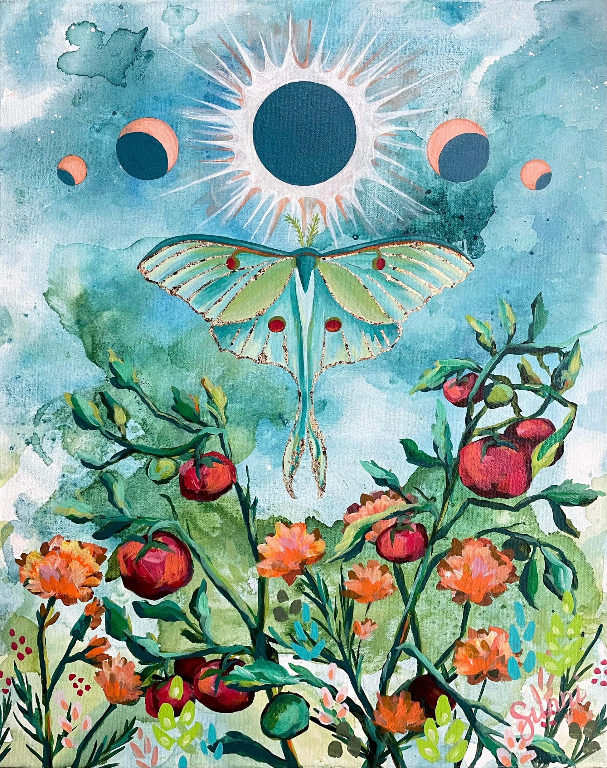 Luna moth - Watercolor acrylic painting original art piece with blue, green background with tomato, marigold, and other flowers under a totality eclipse